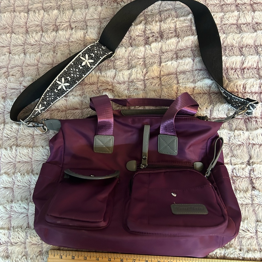 Elegant Purple Shoulder Bag with Floral Strap never used